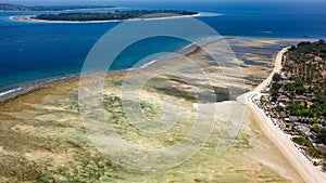 Aerial view of a large reef flat (table) of a fringing coral reef in Indonesia