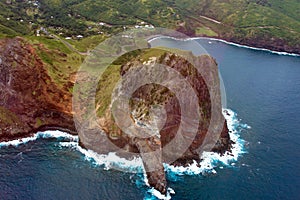 Aerial view of a large rock on the coast of Maui in Hawaii