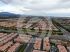 Aerial view of large-scale residential neighborhood, Irvine, California