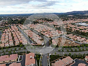 Aerial view of large-scale residential neighborhood, Irvine, California