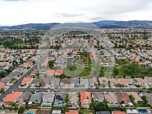 Aerial view of large-scale residential neighborhood, Irvine, California