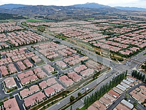 Aerial view of large-scale residential neighborhood, Irvine, California