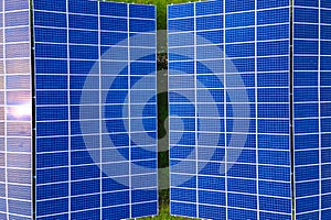 Aerial view of large sustainable electrical power plant with rows of solar photovoltaic panels for producing clean