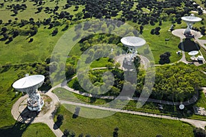 Aerial view of large telecommunications antenna or Radio telescope satellite dish. High quality photo