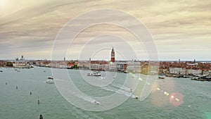 Aerial view of large water canal in Venice old town in Italy busy port enthralling sightseeing trip on water famous