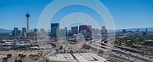 Aerial View of Las Vegas Skyline with Stratosphere Tower and Famous Hotels on Sunny Day