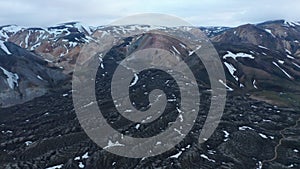 Aerial view of lava formations of eruption of Eyjafjallajokull glacier and volcano in Thorsmork highlands of Iceland