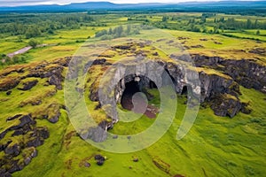 aerial view of a lava tube amidst a hardened lava field