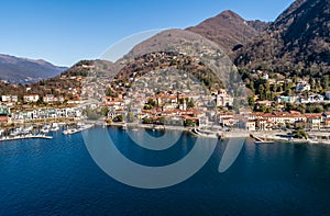 Aerial view of Laveno Mombello on the coast of lake Maggiore, Italy