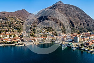 Aerial view of Laveno Mombello on the coast of lake Maggiore, Italy