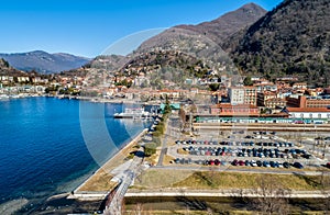 Aerial view of Laveno Mombello on the coast of lake Maggiore, Italy