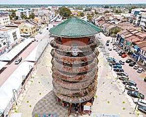 Aerial view of The Leaning Tower of Teluk Intan is a clock tower in Teluk Intan Perak, Malaysia photo