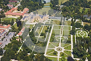 Aerial view of Lednice Valtice Area with castle and a park in South Moravia, Czech Republic.