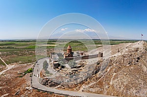 Aerial view of Legendary Monastery Khor Virap from bird eye view