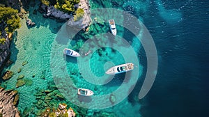 Aerial view of leisure boats on crystal-clear waters.