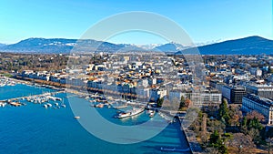 Aerial view of Leman lake and Geneva city in Switzerland