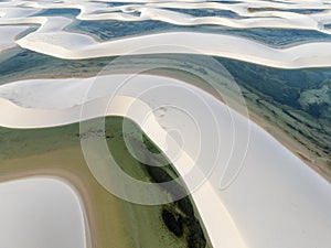 Aerial view of Lencois Maranhenses. White sand dunes with pools of fresh and transparent water. Desert. Brazil photo