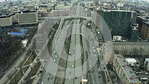 Aerial view of Leningradsky Prospekt avenue interchange within cityscape of Moscow. Russia