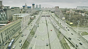 Aerial view of Leningradsky Prospekt, a major avenue in Moscow, Russia