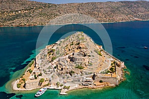 Aerial view of the leper colony and former Venetian fortress island of Spinalonga in Crete, Greece