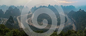 Aerial view of the Li River in Xingping near Yangshuo in Guanxi province, China, at sunrise