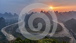 Aerial view of the Li River in Xingping near Yangshuo in Guanxi province, China, at sunrise