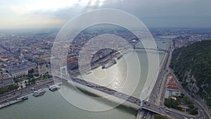 Aerial view of Liberty statue at Gellert hill in Budapest.