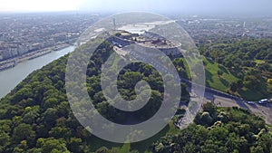 Aerial view of Liberty statue at Gellert hill in Budapest.