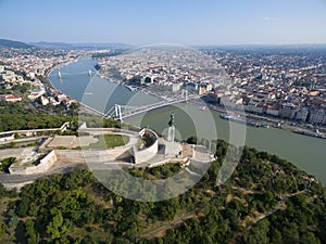 Aerial view of Liberty statue at Gellert hill in Budapest.