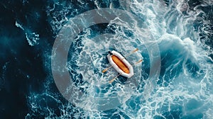 Aerial view of a lifeboat in rough sea. dynamic, vibrant ocean scene for dramatic impact. ideal for adventure themes. AI