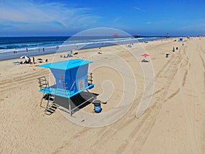 Aerial view Lifeguard tower on the Huntington Beach