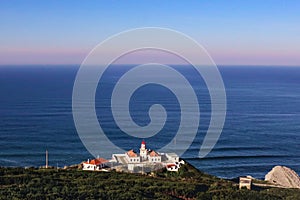 Aerial view of lighthouse and Atlantic Ocean in the morning