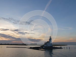 Aerial view of lighthouse on peninsula in the Netherlands