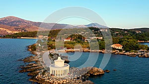 Aerial view of Lighthouse of Saint Theodore in Lassi, Argostoli, Kefalonia island in Greece. Saint Theodore lighthouse in