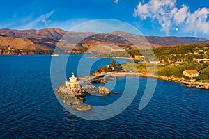 Aerial view of Lighthouse of Saint Theodore in Lassi, Argostoli, Kefalonia island in Greece. Saint Theodore lighthouse in