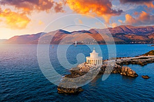 Aerial view of Lighthouse of Saint Theodore in Lassi, Argostoli, Kefalonia island in Greece. Saint Theodore lighthouse in