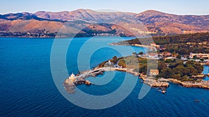 Aerial view of Lighthouse of Saint Theodore in Lassi, Argostoli, Kefalonia island in Greece. Saint Theodore lighthouse in