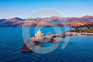 Aerial view of Lighthouse of Saint Theodore in Lassi, Argostoli, Kefalonia island in Greece. Saint Theodore lighthouse in