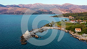 Aerial view of Lighthouse of Saint Theodore in Lassi, Argostoli, Kefalonia island in Greece. Saint Theodore lighthouse in