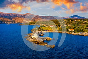 Aerial view of Lighthouse of Saint Theodore in Lassi, Argostoli, Kefalonia island in Greece. Saint Theodore lighthouse in photo