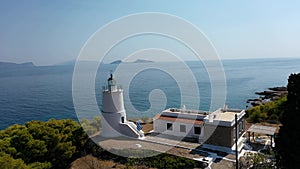 Aerial view of lighthouse at Spetses old town, Greece - drone videography