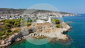 Aerial view of lighthouse at Spetses old town, Greece - drone videography