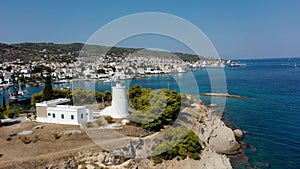 Aerial view of lighthouse at Spetses old town, Greece - drone videography