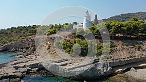 Aerial view of lighthouse at Spetses old town, Greece - drone videography