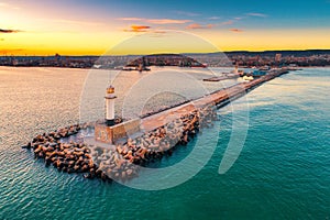 Aerial view of lighthouse at sunset in Varna, Bulgaria photo
