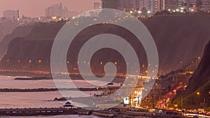 Aerial view of Lima's Coastline in the neighborhood of Miraflores day to night timelapse, Lima, Peru