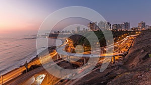 Aerial view of Lima's Coastline in the neighborhood of Miraflores day to night timelapse, Lima, Peru