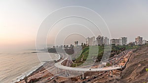 Aerial view of Lima's Coastline in the neighborhood of Miraflores day to night timelapse, Lima, Peru photo