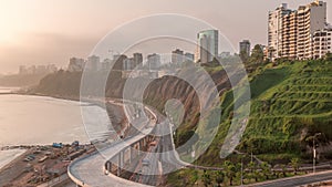 Aerial view of Lima`s Coastline in the neighborhood of Miraflores during sunset timelapse, Lima, Peru