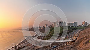 Aerial view of Lima's Coastline in the neighborhood of Miraflores during sunset timelapse, Lima, Peru photo